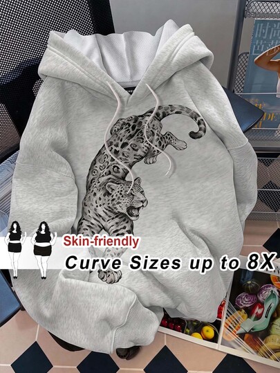 SHEIN CURVE+ Sweatshirt Leher Bulat Motif Cetak Kasual Minimalis Ukuran Plus 22W, Cocok untuk Musim Gugur/Dingin