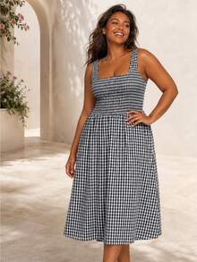 ELLERISSA Plus Size Black & White Gingham Square Neck Shirred Bodice Midi Dress - Black and White - View 5