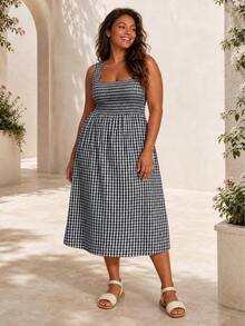 ELLERISSA Plus Size Black & White Gingham Square Neck Shirred Bodice Midi Dress - Black and White - View 1