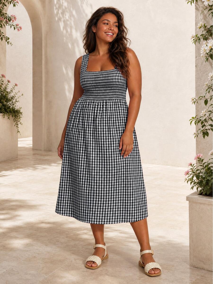 ELLERISSA Plus Size Black & White Gingham Square Neck Shirred Bodice Midi Dress - Black and White - View 1