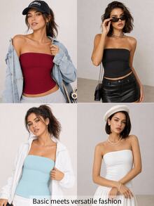 SHEIN BASICS Women's Solid Color Fitted Versatile Daily Wear Bandeau Top Night Out Burgundy Red Summer Sexy Wrap Casual Wrap Workout Workout - Burgundy - View 9