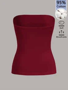 SHEIN BASICS Women's Solid Color Fitted Versatile Daily Wear Bandeau Top Night Out Burgundy Red Summer Sexy Wrap Casual Wrap Workout Workout - Burgundy - View 2