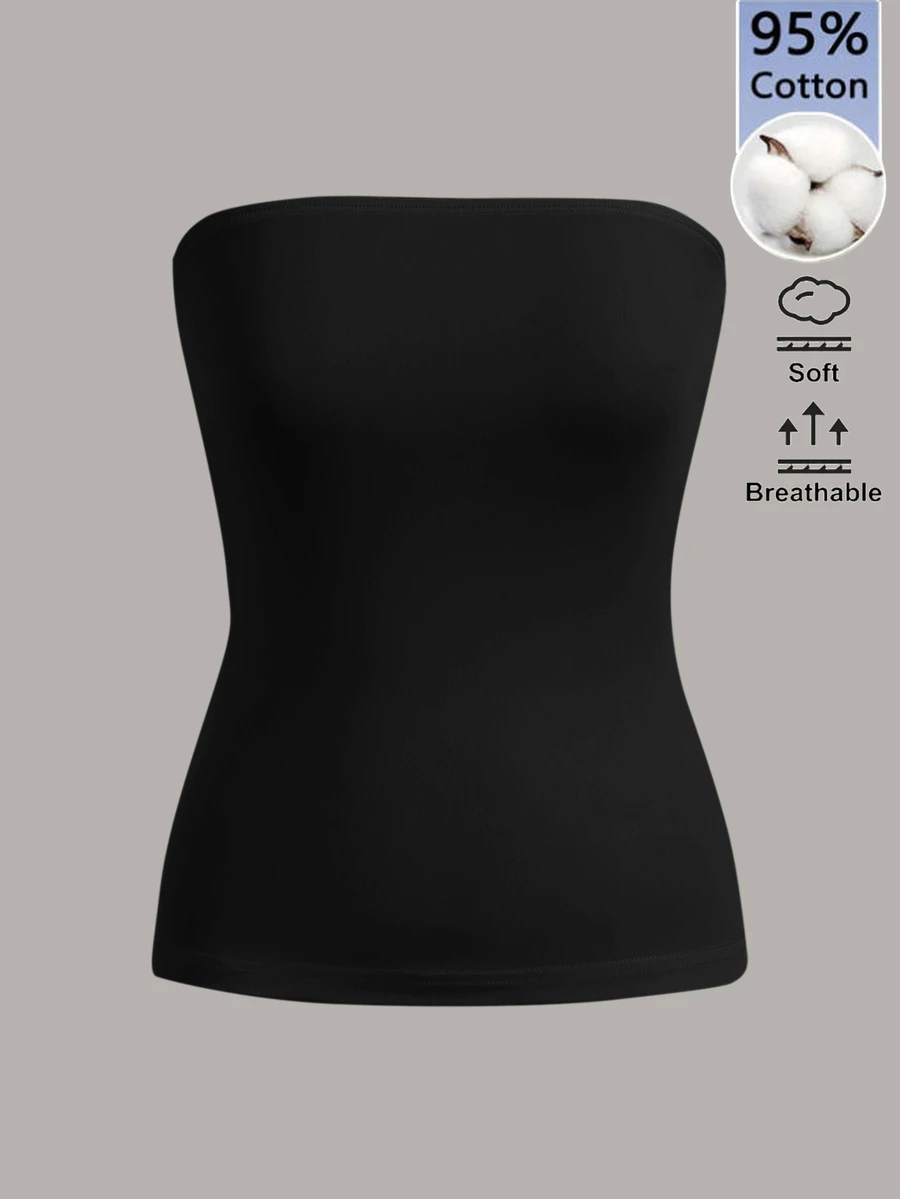 SHEIN BASICS Women's Solid Color Fitted Versatile Daily Wear Lounge Travel Tube Top Black Summer Minimalist Casual All-Match Everyday Daytime Everyday Daytime - Black - View 1