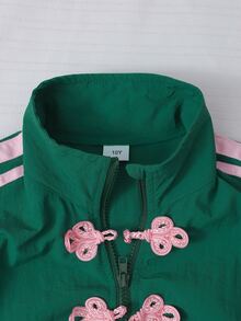 SHEIN 女童兩件套秋季套裝，拼色拉鍊夾克外套附蝴蝶結刺繡裝飾，搭配鬆緊腰長褲 - 綠色 - 查看 5