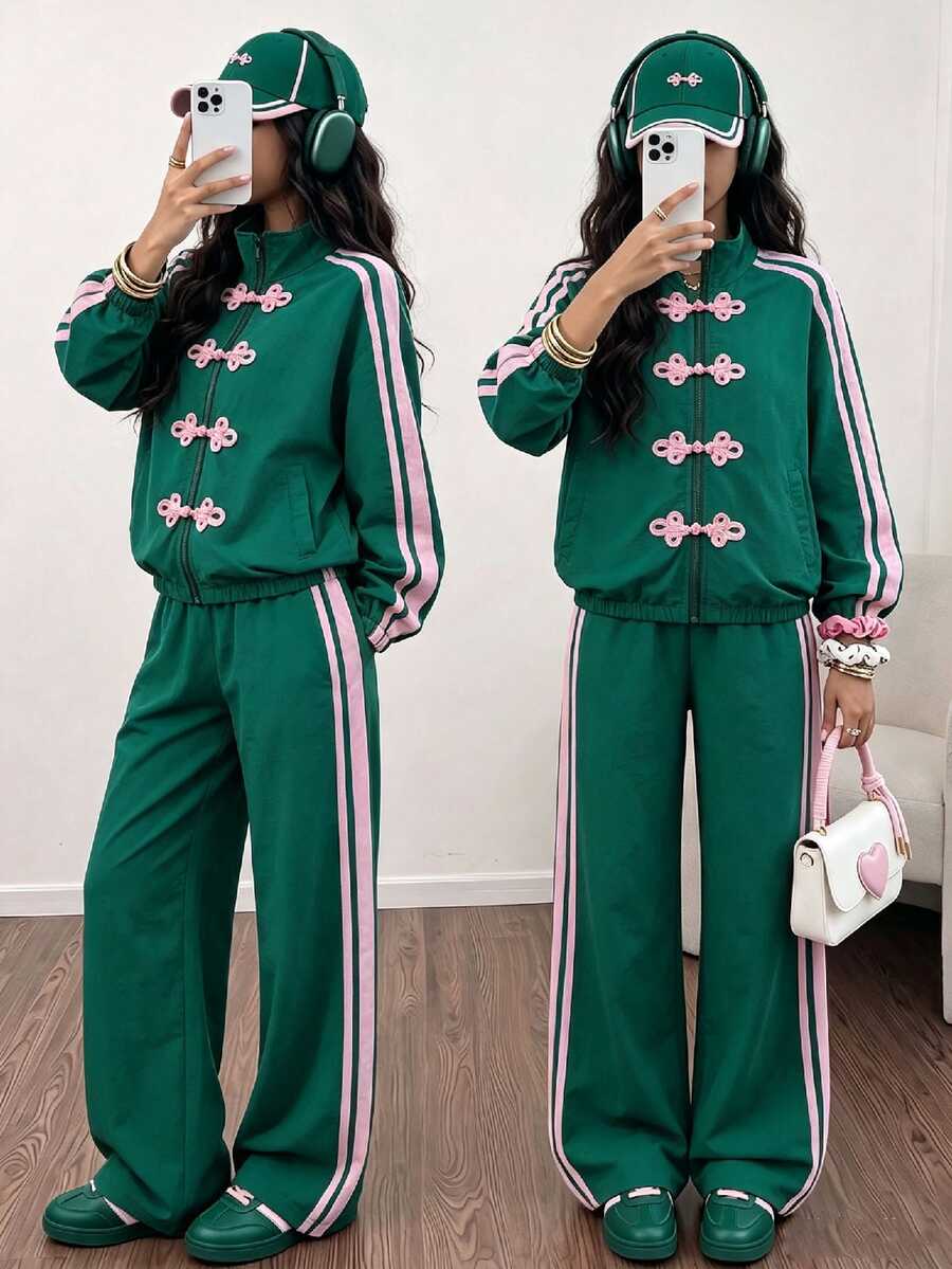 SHEIN 女童兩件套秋季套裝，拼色拉鍊夾克外套附蝴蝶結刺繡裝飾，搭配鬆緊腰長褲 - 綠色 - 查看 1
