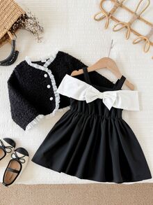 SHEIN Baby Girl Textured Fabric Loose Elegant Jacket Contrast Color Decor Bow Tank Dress Set Suitable For Autumn/Winter - Black and White - View 7