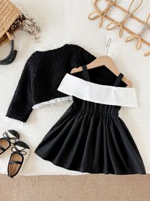 SHEIN Baby Girl Textured Fabric Loose Elegant Jacket Contrast Color Decor Bow Tank Dress Set Suitable For Autumn/Winter - Black and White - View 2