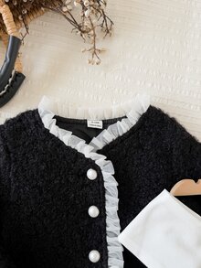 SHEIN Baby Girl Textured Fabric Loose Elegant Jacket Contrast Color Decor Bow Tank Dress Set Suitable For Autumn/Winter - Black and White - View 8