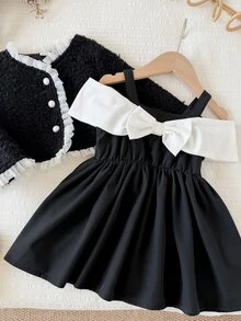 SHEIN Baby Girl Textured Fabric Loose Elegant Jacket Contrast Color Decor Bow Tank Dress Set Suitable For Autumn/Winter - Black and White - View 4