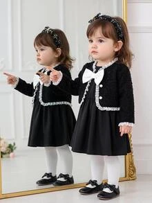 SHEIN Baby Girl Textured Fabric Loose Elegant Jacket Contrast Color Decor Bow Tank Dress Set Suitable For Autumn/Winter - Black and White - View 6