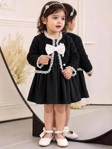 SHEIN Baby Girl Textured Fabric Loose Elegant Jacket Contrast Color Decor Bow Tank Dress Set Suitable For Autumn/Winter - Black and White - View 1