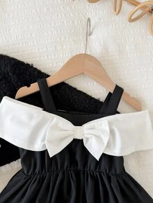 SHEIN Baby Girl Textured Fabric Loose Elegant Jacket Contrast Color Decor Bow Tank Dress Set Suitable For Autumn/Winter - Black and White - View 3