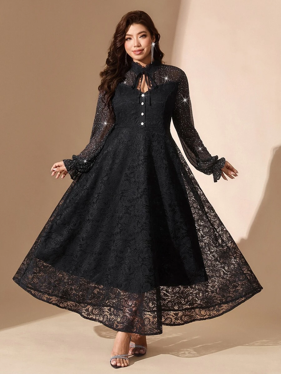 Comfylo Plus Size Women's Mesh Patchwork Elegant Waist-Cinching Party Dress - Black - View 1