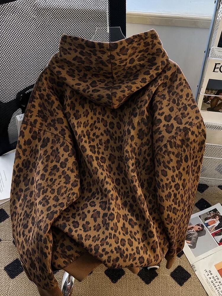 INAWLY Women's Leopard Print Hooded Sweatshirt - Coffee Brown - View 2