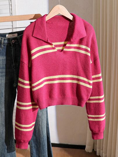 SHEIN 1 pezzo Maglione da donna, collo rotondo rosa & bianco con motivo jacquard a cuori indipendenti, stile casual minimalista, cardigan corto in maglia, spessore regolare, orlo pulito, polsini aderenti, texture morbida confortevole e delicata, ottimo da indossare da solo, durevole e resistente all'usura, adatto per uso quotidiano, scuola, shopping, raduni e altre occasioni casual, outfit autunno/inverno