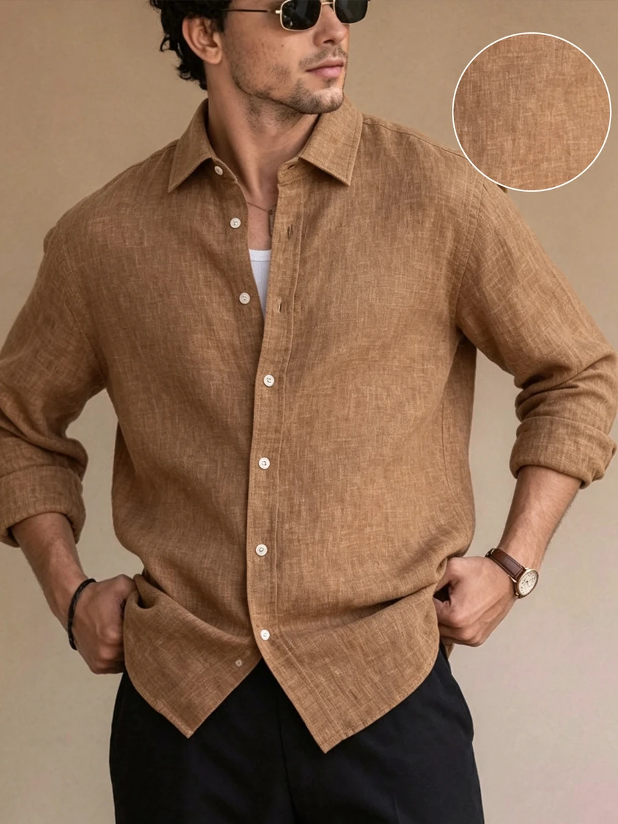 Core Aspect Men's Solid Color Faux Linen Textured Casual Daily Commute Business Slim Fit Long Sleeve Shirt - Khaki - View 1