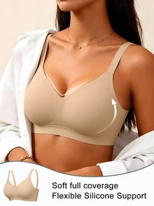 SHEIN 1pc Women's Minimalist Comfortable Seamless Jelly Glue Wire-Free Removable Padding Bra - Apricot - View 6