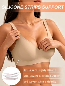 SHEIN 1pc Women's Minimalist Comfortable Seamless Jelly Glue Wire-Free Removable Padding Bra - Apricot - View 8