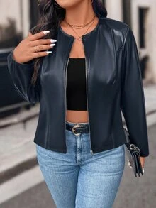 Easura Plus Size Women Solid Color Zipper Fashion Versatile Daily Casual Long Sleeve Jacket - Navy Blue - View 7