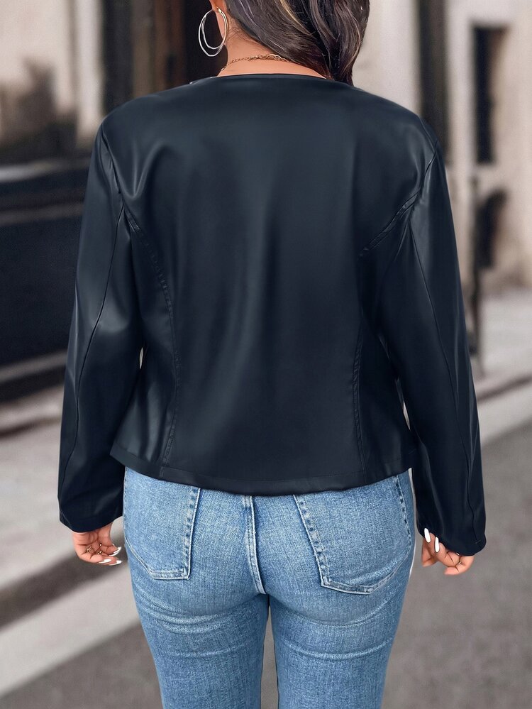 Easura Jaket Lengan Panjang Wanita Ukuran Besar Warna Polos dengan Resleting, Modis, Serbaguna, untuk Aktivitas Sehari-hari, Kasual, dan Kasual. - Navy Blue - View 3