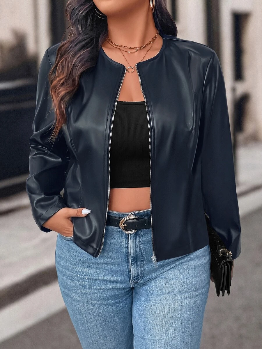 Easura Plus Size Women Solid Color Zipper Fashion Versatile Daily Casual Long Sleeve Jacket - Navy Blue - View 1
