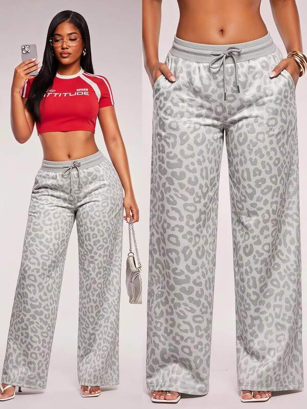 Radiana Casual Fashion Ultra Low Waist Grey Leopard Print Sweatpants, Low Waist Sweatpants, Leopard Print Sweatpants, Grey Sweatpants, Casual Wide Leg Pants, Casual Pants, Low Waist Long Pants