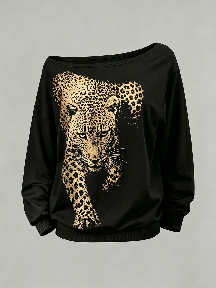 Flirla Plus Size Women Casual Leopard Print Graphic Off-Shoulder Long Sleeved SweatshirtFall/Winter - Multicolor - View 1
