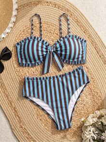 SHEIN Swim 春夏流行熱賣性感女款波點印花設計度假網紅風海灘比基尼套裝 - 藍色 - 查看 8