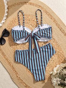 SHEIN Swim 春夏流行熱賣性感女款波點印花設計度假網紅風海灘比基尼套裝 - 藍色 - 查看 3