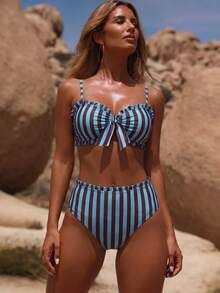 SHEIN Swim 春夏流行熱賣性感女款波點印花設計度假網紅風海灘比基尼套裝 - 藍色 - 查看 6