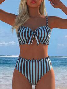 SHEIN Swim 春夏流行熱賣性感女款波點印花設計度假網紅風海灘比基尼套裝 - 藍色 - 查看 2