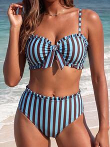 SHEIN Swim 春夏流行熱賣性感女款波點印花設計度假網紅風海灘比基尼套裝 - 藍色 - 查看 1