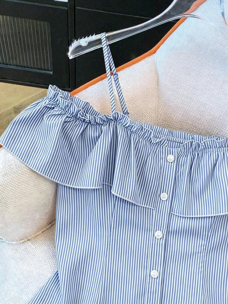 Selianne Women's Patchwork Ruffle Stripe Button Design Cold-Shoulder Top Brunch Date Blue And White Stripe Summer Coastal Tropical - Blue - View 3