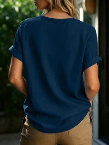 EMERY ROSE Women's Casual Vacation & Commute Loose V-Neck Batwing Sleeve Solid Color Top, Summer - Navy Blue - View 2