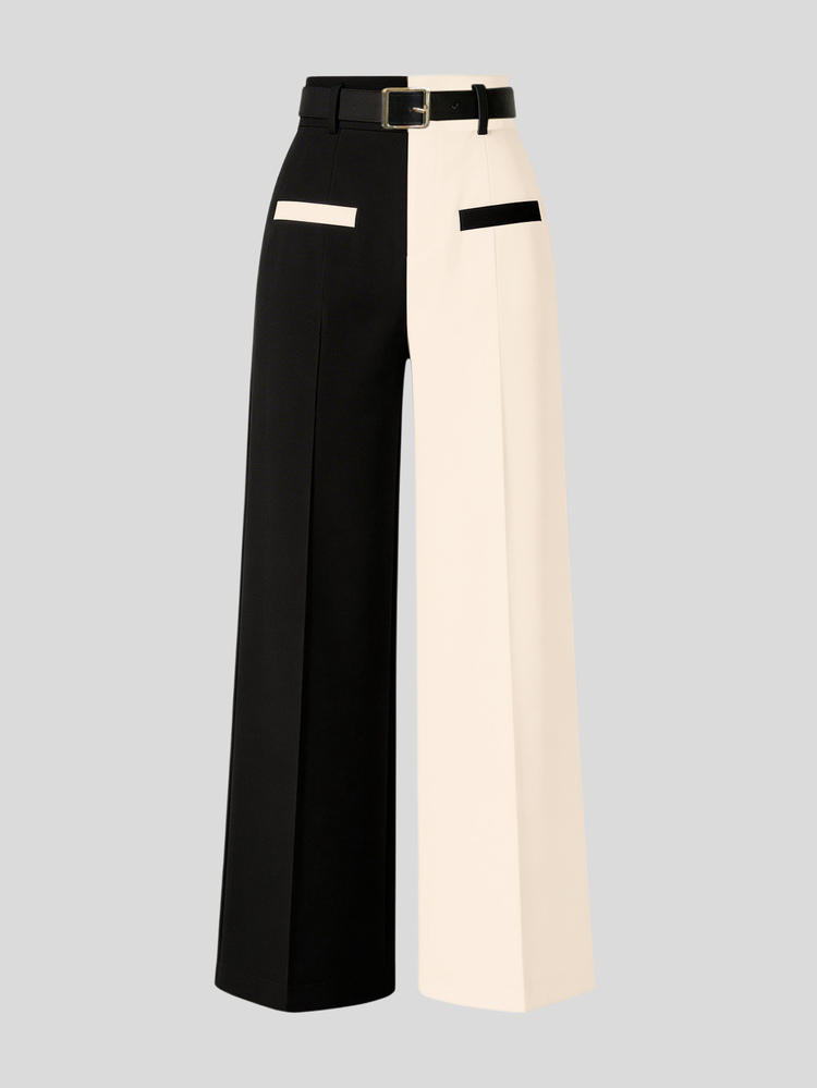 GlowEve CURVE Plus Size Women's Spring/Summer Minimalist Fashion Business Black & White Contrast Belt Straight Leg Pants - Apricot - View 5