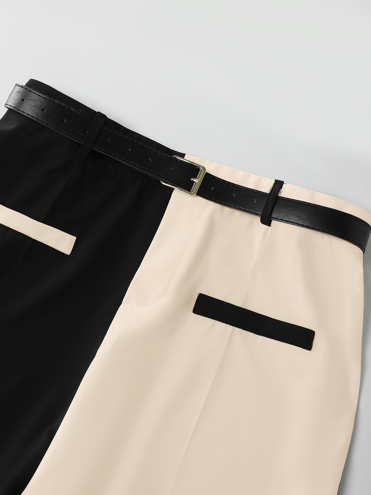 GlowEve CURVE Plus Size Women's Spring/Summer Minimalist Fashion Business Black & White Contrast Belt Straight Leg Pants - Apricot - View 7