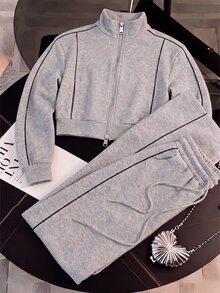 SHEIN 時尚街頭休閒女款拉鍊翻領度假運動衫套裝 - 灰色 - 查看 1