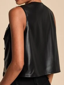 Travachic Women's PU Leather Casual Versatile Everyday Vest Jacket - Black - View 3