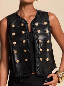 Travachic Women's PU Leather Casual Versatile Everyday Vest Jacket - Black - View 2