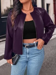 Easura Plus Size Autumn Fashion Commuter Solid Color Jacket - Purple - View 6