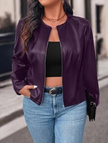 Easura Plus Size Autumn Fashion Commuter Solid Color Jacket - Purple - View 1
