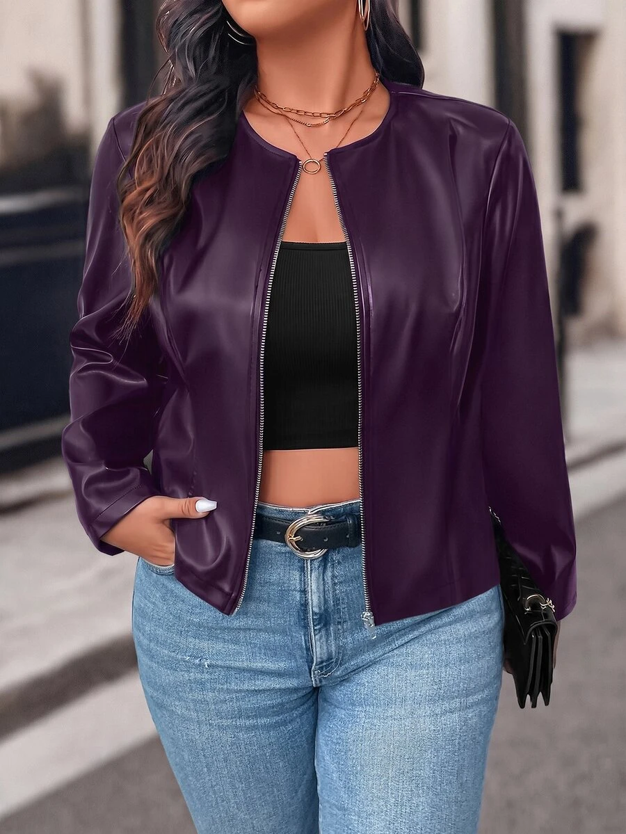 Easura Plus Size Autumn Fashion Commuter Solid Color Jacket - Purple - View 1