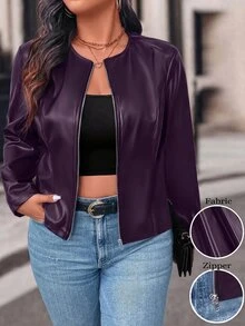 Easura Plus Size Autumn Fashion Commuter Solid Color Jacket - Purple - View 7