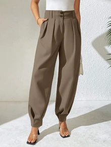 Structelle Women's Elegant High Waist Double Button Decor Pleated Straight Leg Pants, Casual Suit Pants For Spring & Autumn Search Baggy - Khaki - View 7