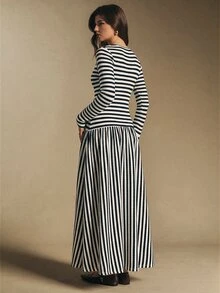 Poéselle 女款開學季彈性針織條紋拼接百褶長洋裝，休閒日常校園通勤辦公室時尚單品 - 黑與白 - 查看 4