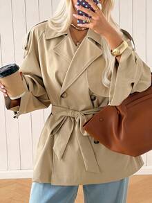 SHEIN EZwear Abrigo largo de mujer tejido color caqui, estilo francés elegante y clásico, para oficina y Día del Maestro, otoño - Caqui - Ver 9