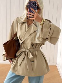 SHEIN EZwear Abrigo largo de mujer tejido color caqui, estilo francés elegante y clásico, para oficina y Día del Maestro, otoño - Caqui - Ver 8