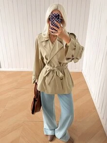SHEIN EZwear Abrigo largo de mujer tejido color caqui, estilo francés elegante y clásico, para oficina y Día del Maestro, otoño - Caqui - Ver 5