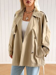 SHEIN EZwear Abrigo largo de mujer tejido color caqui, estilo francés elegante y clásico, para oficina y Día del Maestro, otoño - Caqui - Ver 4