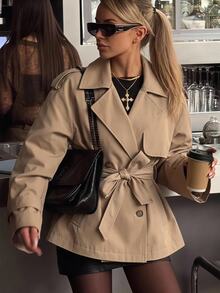 SHEIN EZwear Abrigo largo de mujer tejido color caqui, estilo francés elegante y clásico, para oficina y Día del Maestro, otoño - Caqui - Ver 2